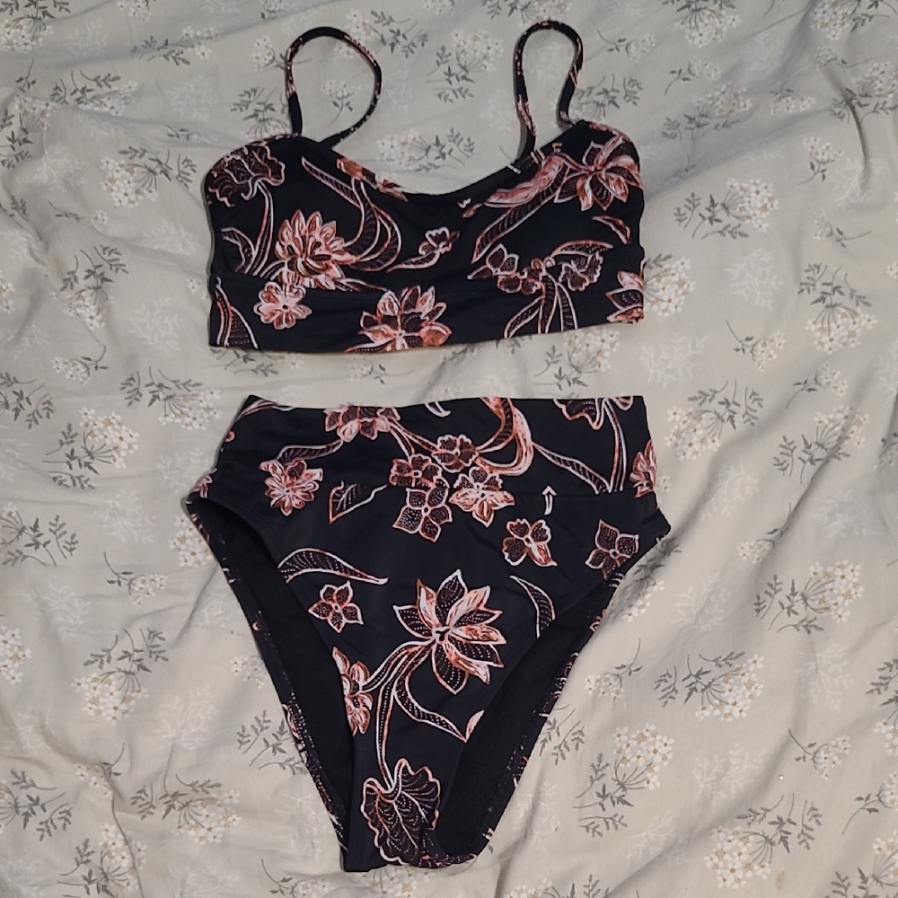 Onzie Black and Pink Floral Bikini Set